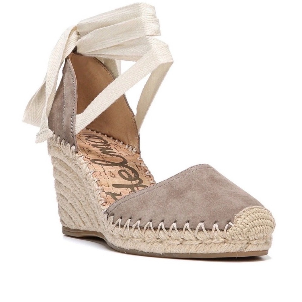 Sam Edelman Taupe Suede Espadrille Wedge with Cream Ribbon Tie